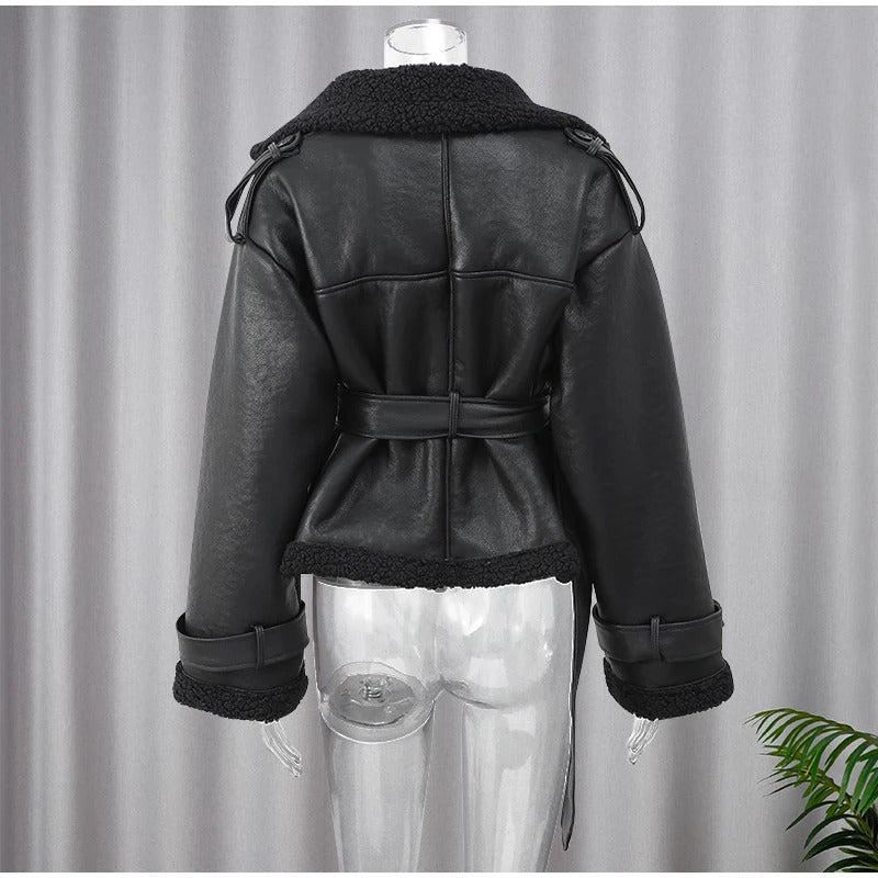 Women Black Lamb Wool Patchwork Leather Overcoat Fashion Lapel High Waist Pockets Jacket With Belt Winter Lady Street Warm Coats