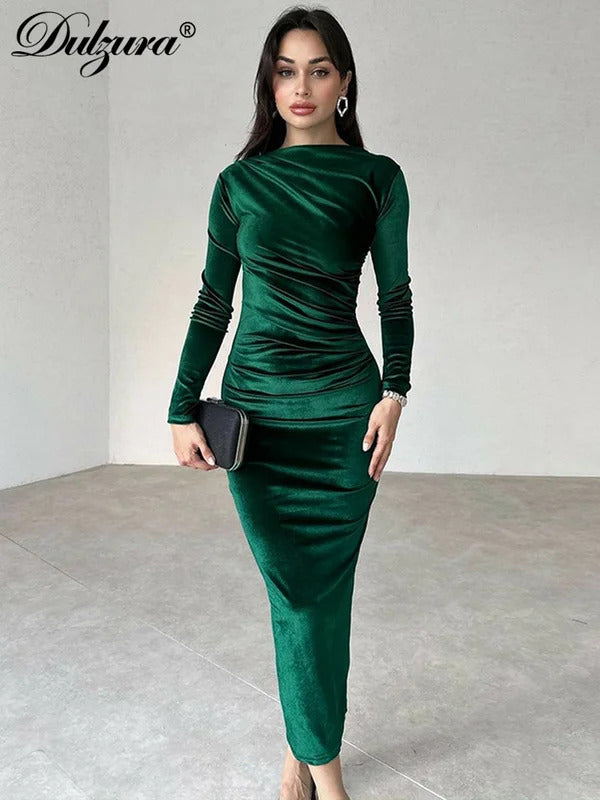 Dulzura Velvet Solid Midi Dress Long Sleeves 2023 Autumn Winter Women'S Outfits Sexy Wholesale Drop Shipping Clubwear Birthday