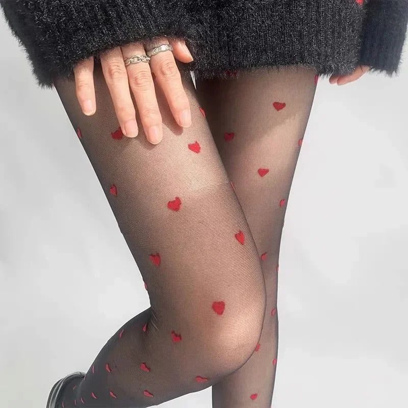 Pantyhose Woman Ultra thin Red Heart-shaped Dots Sexy Stockings Breathable Comfortable Long Black Stockings for Women