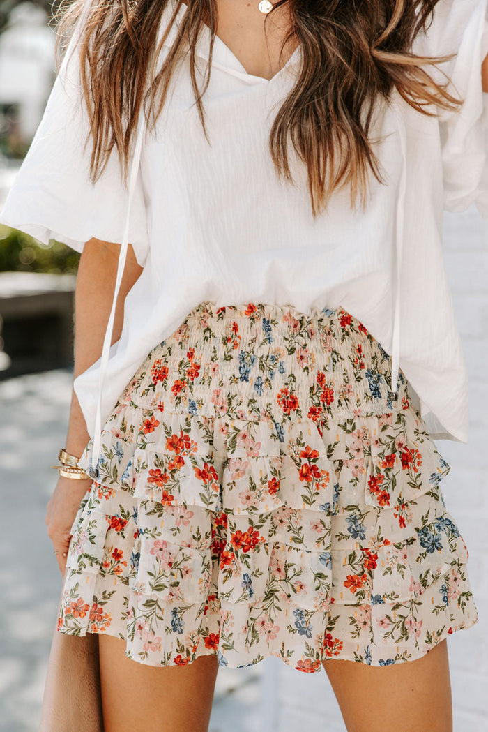 Beige Smocked High Waist Ruffle Tiered Floral Skirt