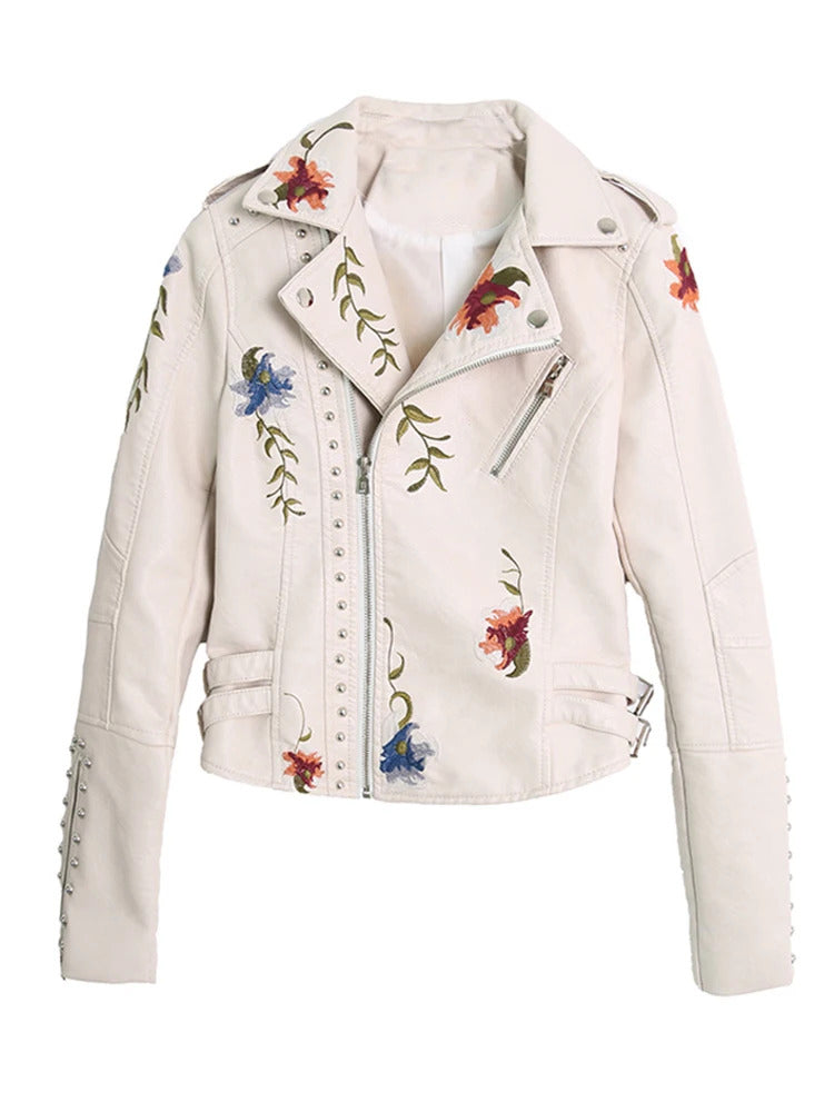 Women Floral Print Embroidery Faux Soft Leather Jacket Coat Turn-down Collar Casual Pu Motorcycle Black Punk Outerwear