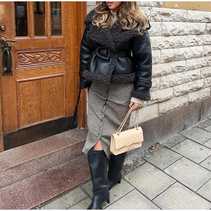 Women Black Lamb Wool Patchwork Leather Overcoat Fashion Lapel High Waist Pockets Jacket With Belt Winter Lady Street Warm Coats