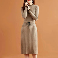 Pleated Knitted Dress Bottoming Sweater Dresses Fake Two Pieces Women Vintage Elegant Long Sleeve Fall Casual Slim Midi Vestidos