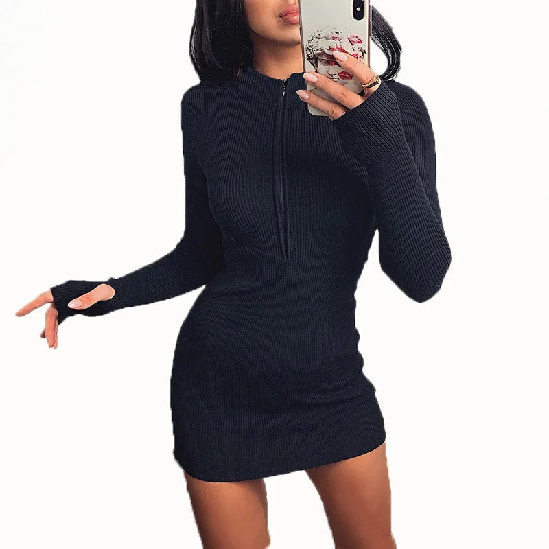 Women Half Zip Up Bodycon Party Dress Spring Autumn Long Sleeve Slim Rib Knitted Mini Dresses MYJ-myj16888