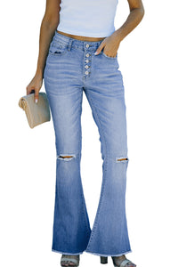 Sky Blue High Rise Distressed Bell Bottom Denims