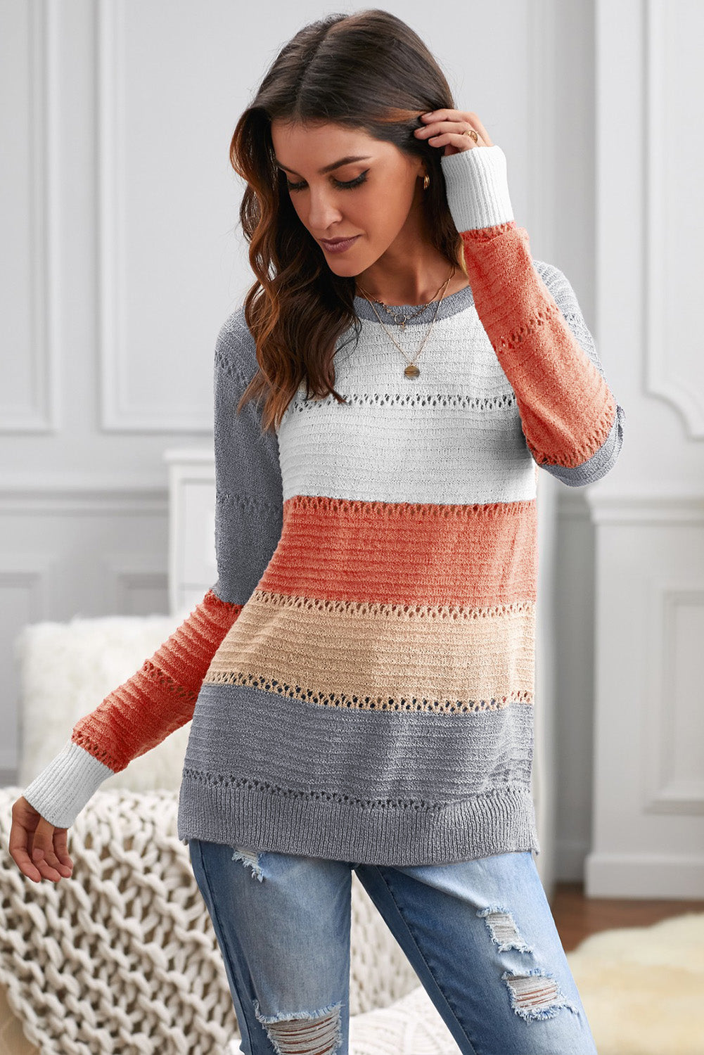 Wine Accent Knitted Color Block Long Sleeve Crew Neck Sweater