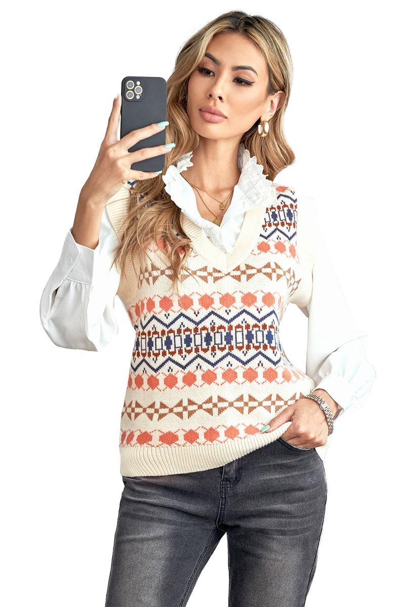 Sky Blue Tribal Print V Neck Knitted Sweater Vest