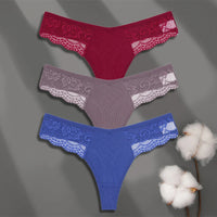 FINETOO 3Pcs Women's Cotton Underwear Lace Thongs Sexy Solid Color Low Waist Bikini Panties Ladies Breathable G-string Lingerie