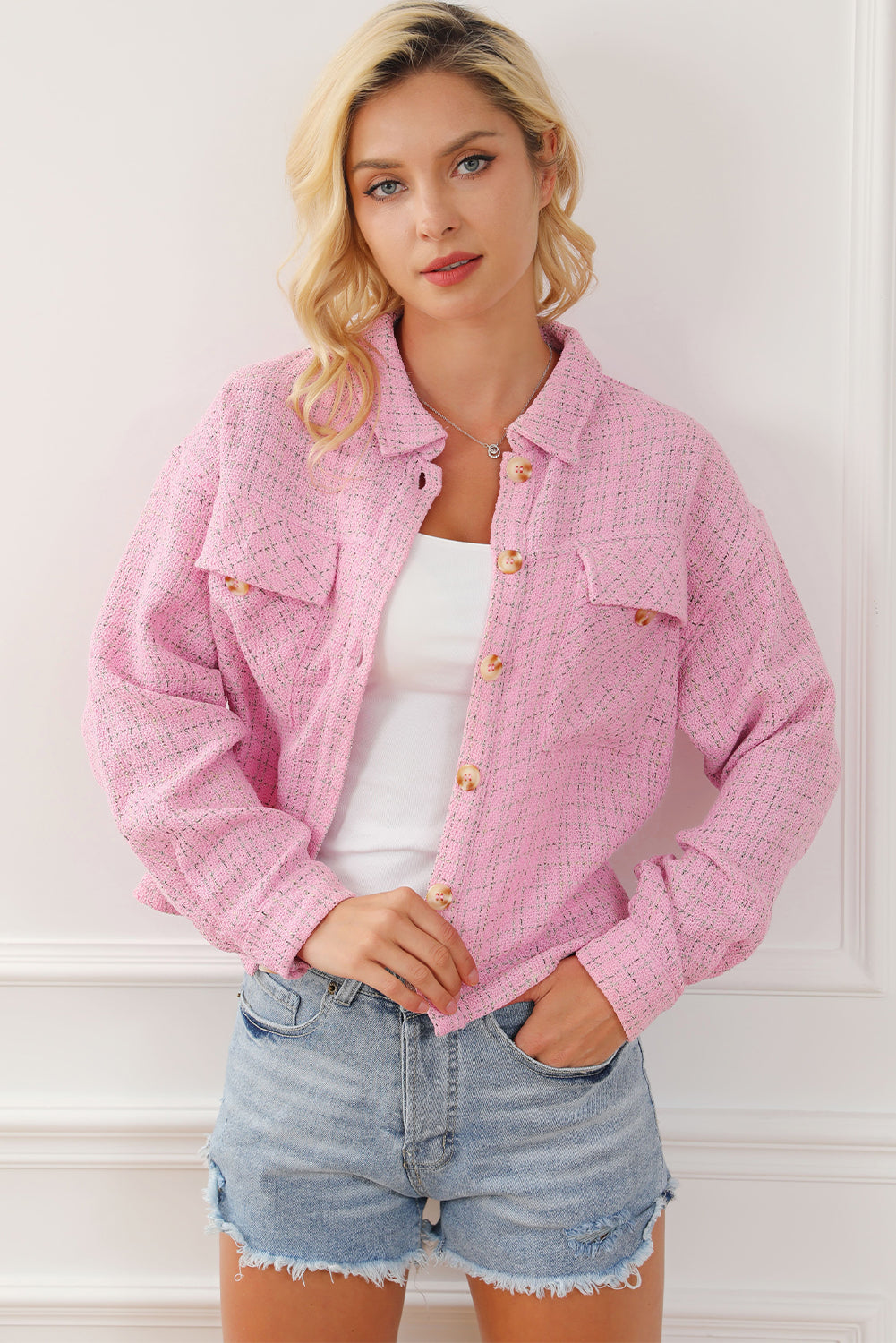 Pink Plaid Tweed Button Up Shacket