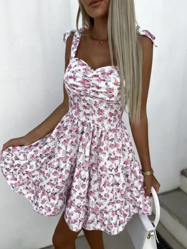 2024 Womens Strappy Short Swing Sun Dresses Ladies Summer Bohemian Floral Print Beach Mini Floral Skater Dress