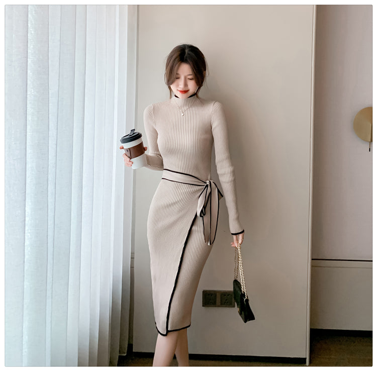 Women Knitted Dress New Autumn Winter Slim Lace-Up Long Sleeve Bottoming Sweater Skirt Elegant Fashion Office Female Vestidos