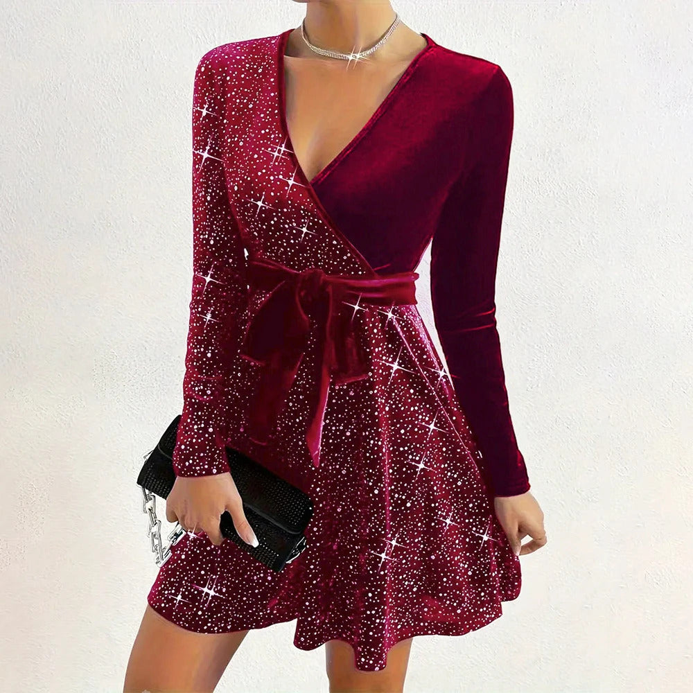 Women's Sexy V-Neck Sequin Glitter Belt Mini Dress Party Dresses Fashion Hot Sale Solid Elegant  Velvet Long Sleeve Dresses