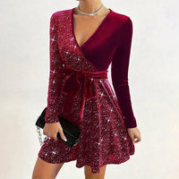 Women's Sexy V-Neck Sequin Glitter Belt Mini Dress Party Dresses Fashion Hot Sale Solid Elegant  Velvet Long Sleeve Dresses