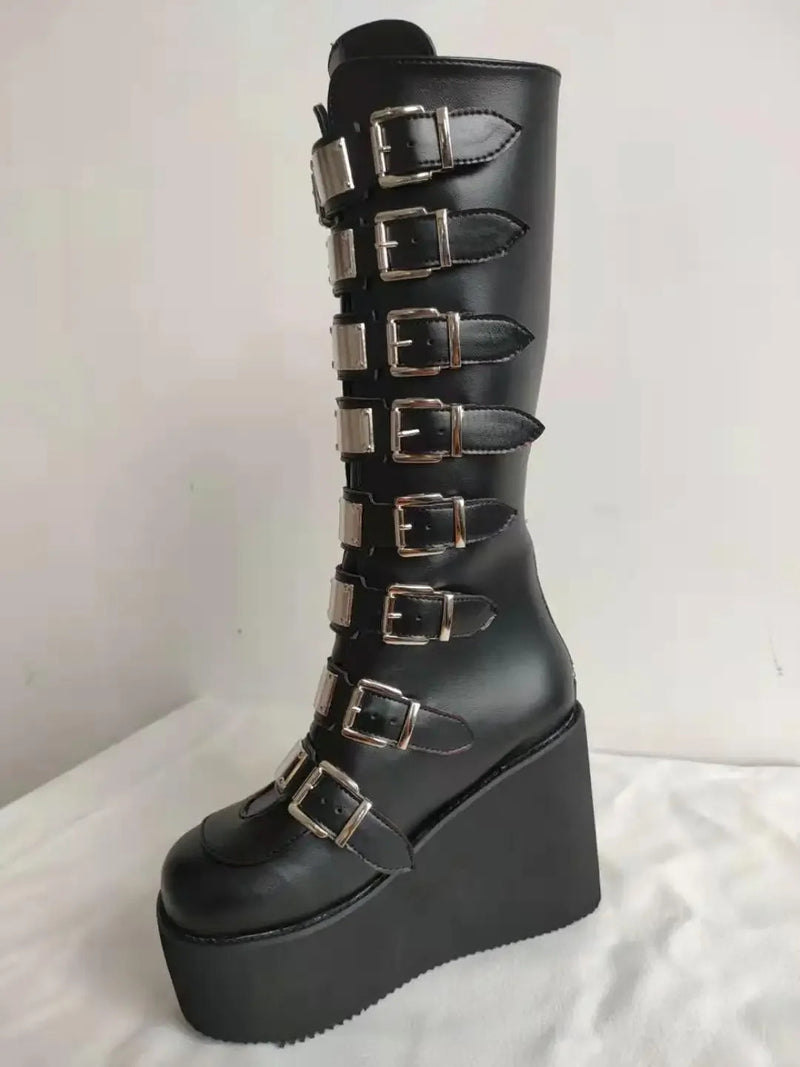 Punk Women Boots Cosplay Ladies High Heel Platform Wedges Women High Boots Gothic Buckle Strap Long Tube Leather Female Boots