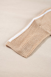 Light French Beige Contrast Striped 3/4 Sleeve Crew Neck Sweater