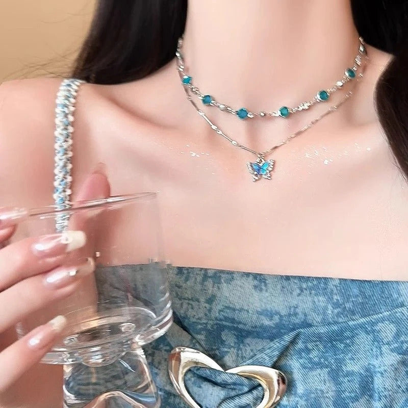 LATS Romantic Blue Crystal Butterfly Necklace for Women Girls Simple Shiny Zircon Bilayer Choker Clavicle Chain New Fine Jewelry