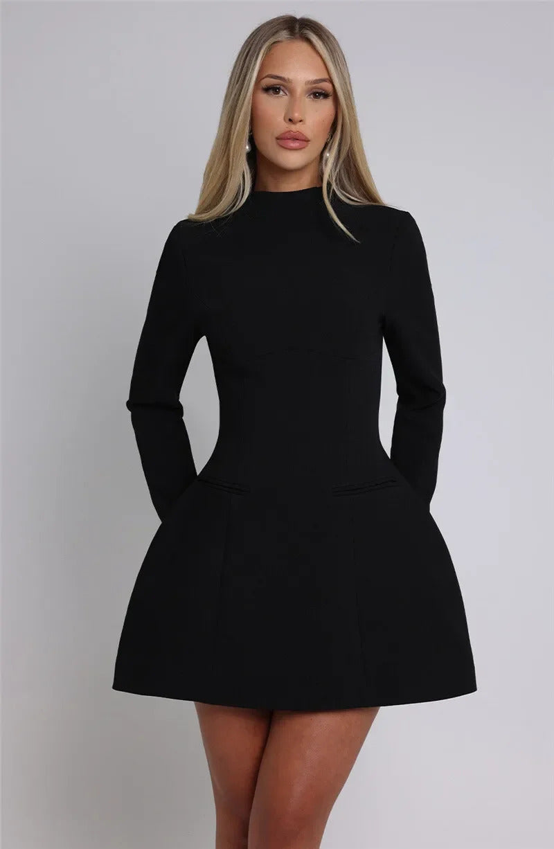 Women Long Sleeve Backless Sexy Mini Dress Elegant Autumn Winter O Neck High Waist Slim Fit Gown Fashion Lady Club Party Dresses