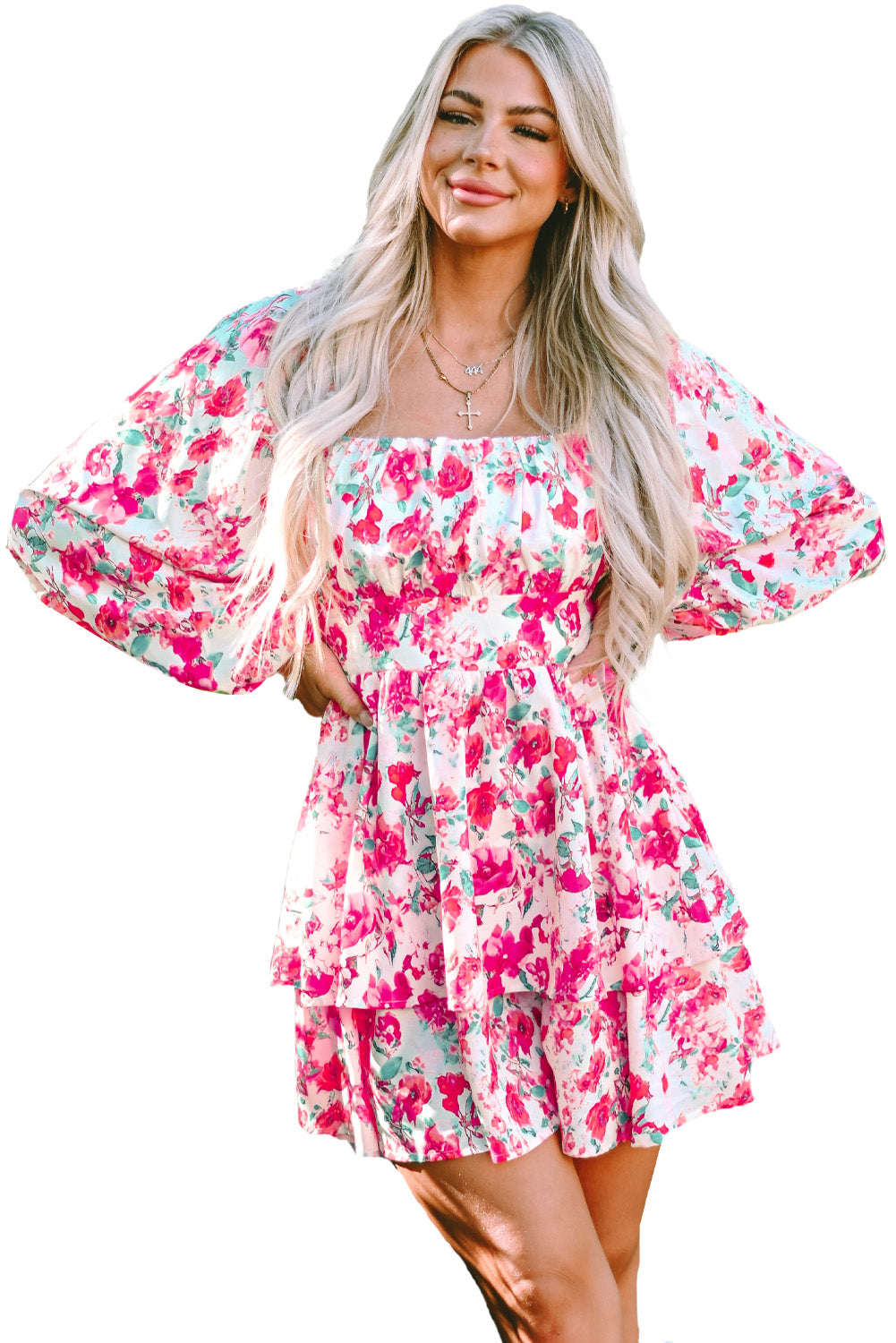 Women's Ruffle Tiered High Waist Puff Sleeve Floral Dress