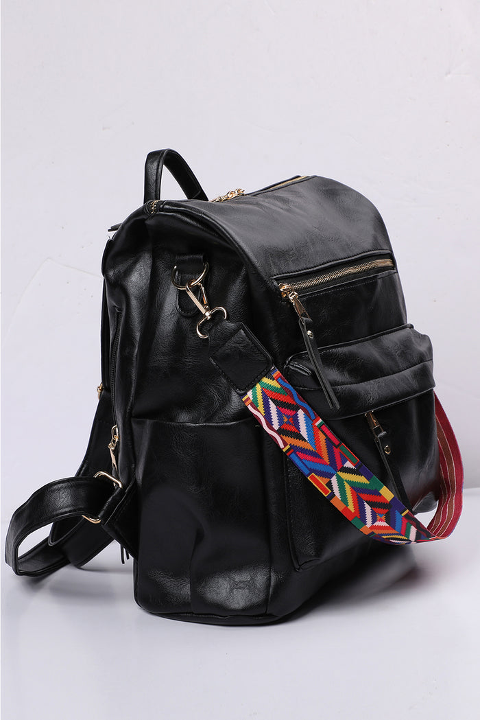 Color black Geometric Crochet Strap PU Leather Large Backpack