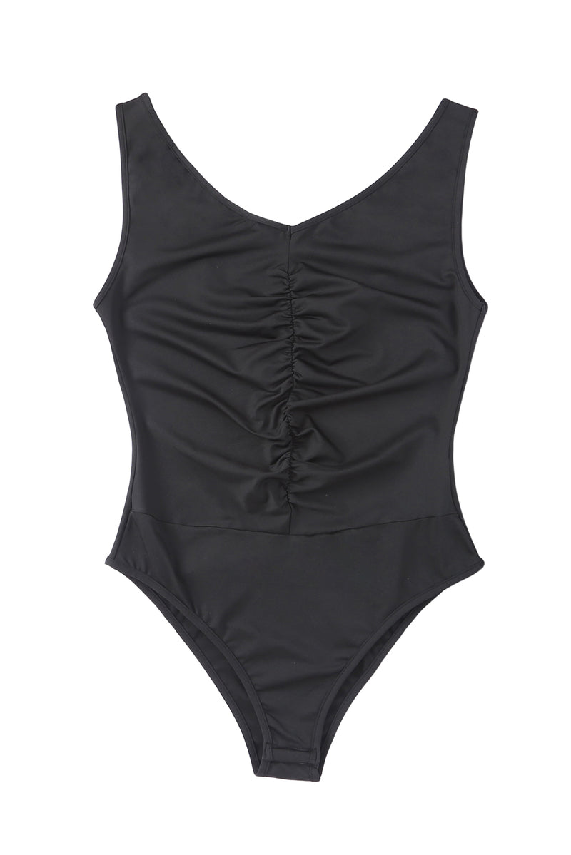 Black V Neck Sleeveless Ruched Bodysuit