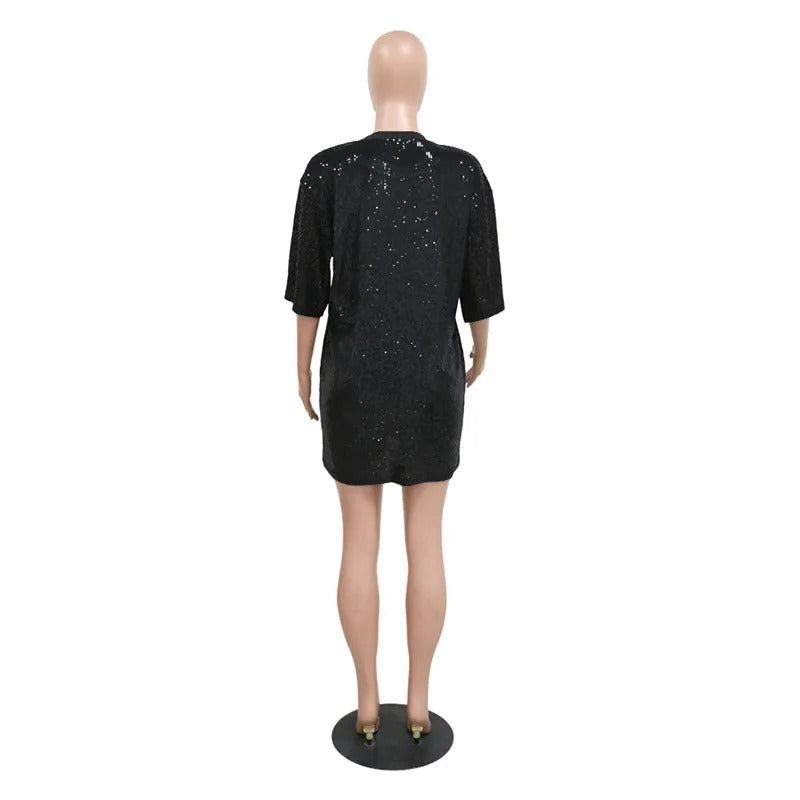 Summer Women 2023 Casual It's My Birthday Letter Print Glitter Sequins Party Dress Half Sleeve Loose O Neck T Shirt Dress Black