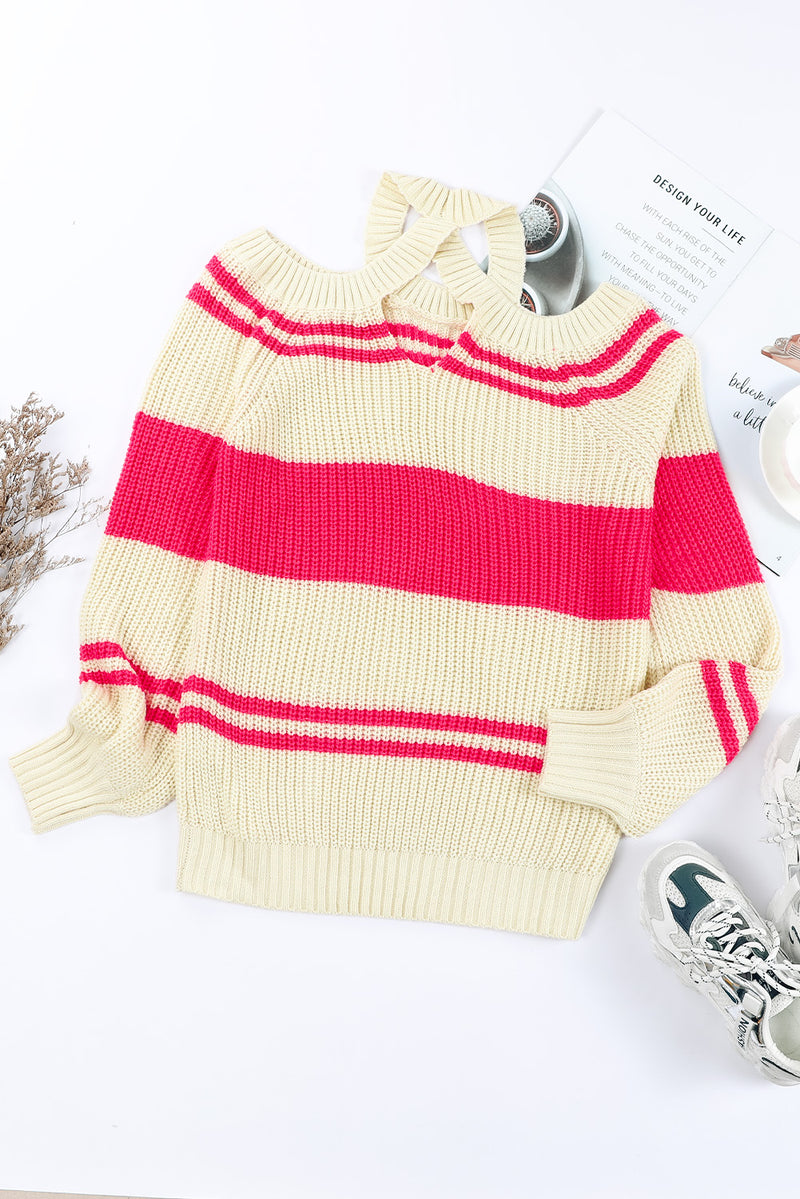 Pink Striped Cold Shoulder Knit Sweater