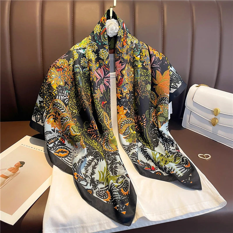 90cm Silk Twill Square Scarf For Women Spring Print Hair Band Hijab Foulard Sunsceen Neckerchief Shawl Wraps Echarpe New