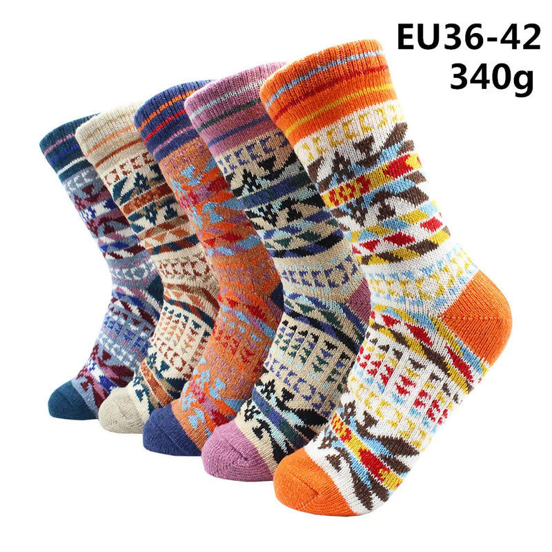 5 Pairs Winter Warmer Women Thicken Thermal Wool Cashmere Snow Socks Fashion Casual Euramerican National Wool Socks for Women