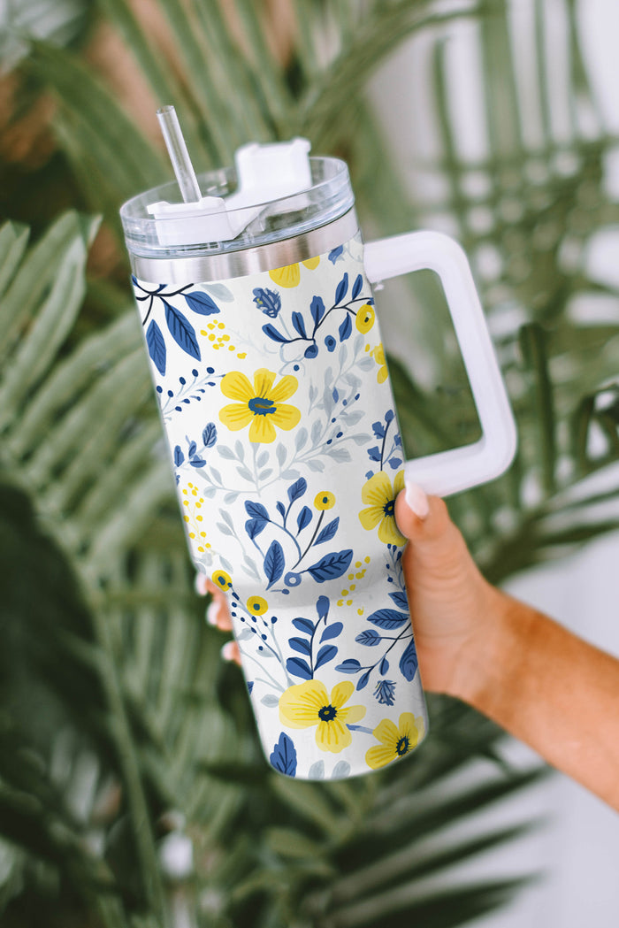 White Flower Print Stainless Handled Large Tumbler 40oz