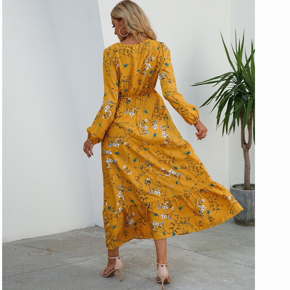 Women Maxi Dresses Sping Autumn Bohemian Casual Full Sleeve High Waist Beach Woman Chiffon Dresses Floral Vestidoes Long Dress