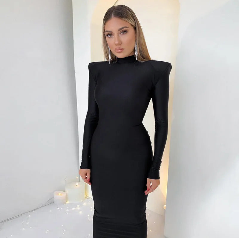 Shoulder Padded Long Sleeve Bodycon Green Party Club Maxi Long Dress  Spring Autumn Women Fashion Elegant Clothes