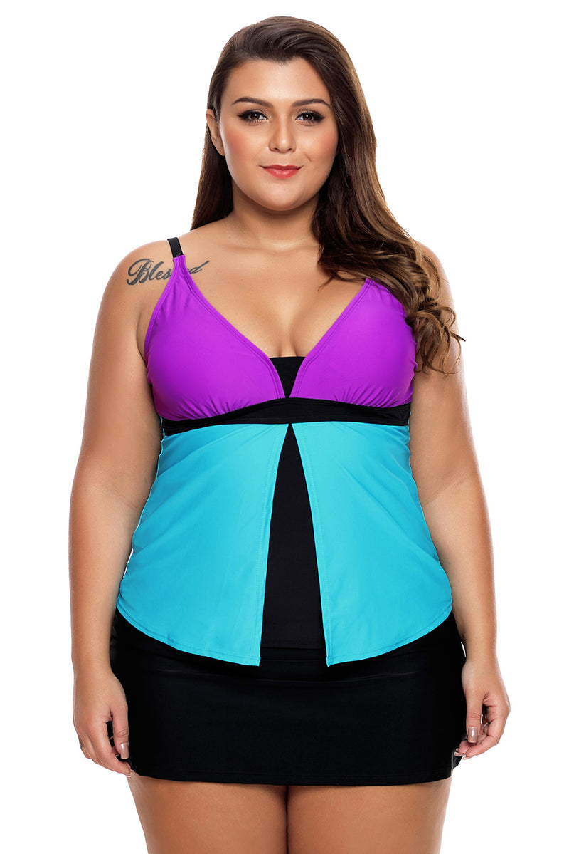 Purple Blue Colorblock Tankini Skort Bottom Swimsuit