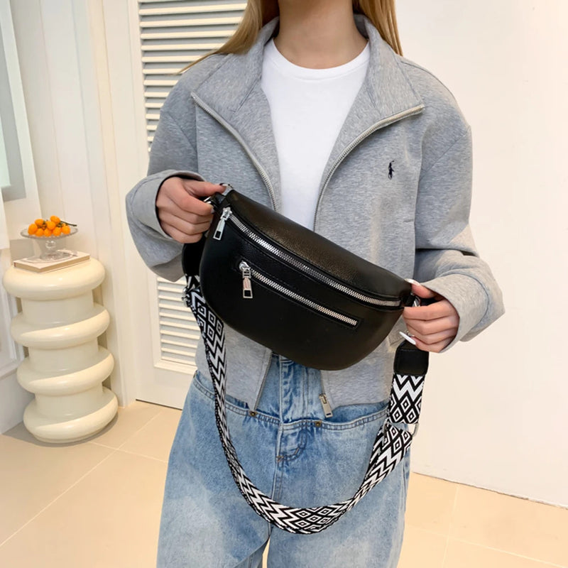 Women's Waist Bag Multi-pocket Street Fanny Pack PU Leather Chest Bag Fashion Wide Strap Crossbody Bag Retro Solid Shoulder Bags