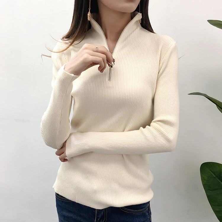 Knitted Women Zipper Half High Neck Sweater Pullovers Autumn Winter Basic Women Sweaters Slim Solid Knitwear Pull Femme Tops