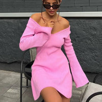 Talenza Knitted Off Shoulder V Neck Mini Dress Women's Sexy High Waist Long Sleeve Dress White Knitted Sweater Dress Robe Women