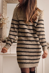 Khaki Striped Print Lace Neck Asymmetric Buttons Sweater Dress