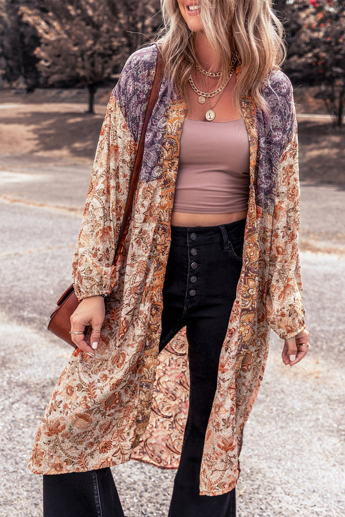 Gold Flame Bubble Sleeve Floral Print Open Front Top