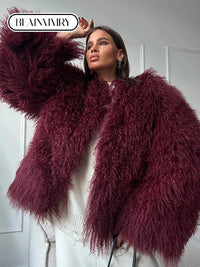 Burgundy Fluffy Faux Fur Warm Short Coat Lady Elegant Round Neck Long Sleeve Cardigan Jacket 2024 Women Winter Street Outerwear