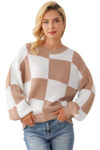 Checkered Ribbed Knit Puff Sleeve Sweater