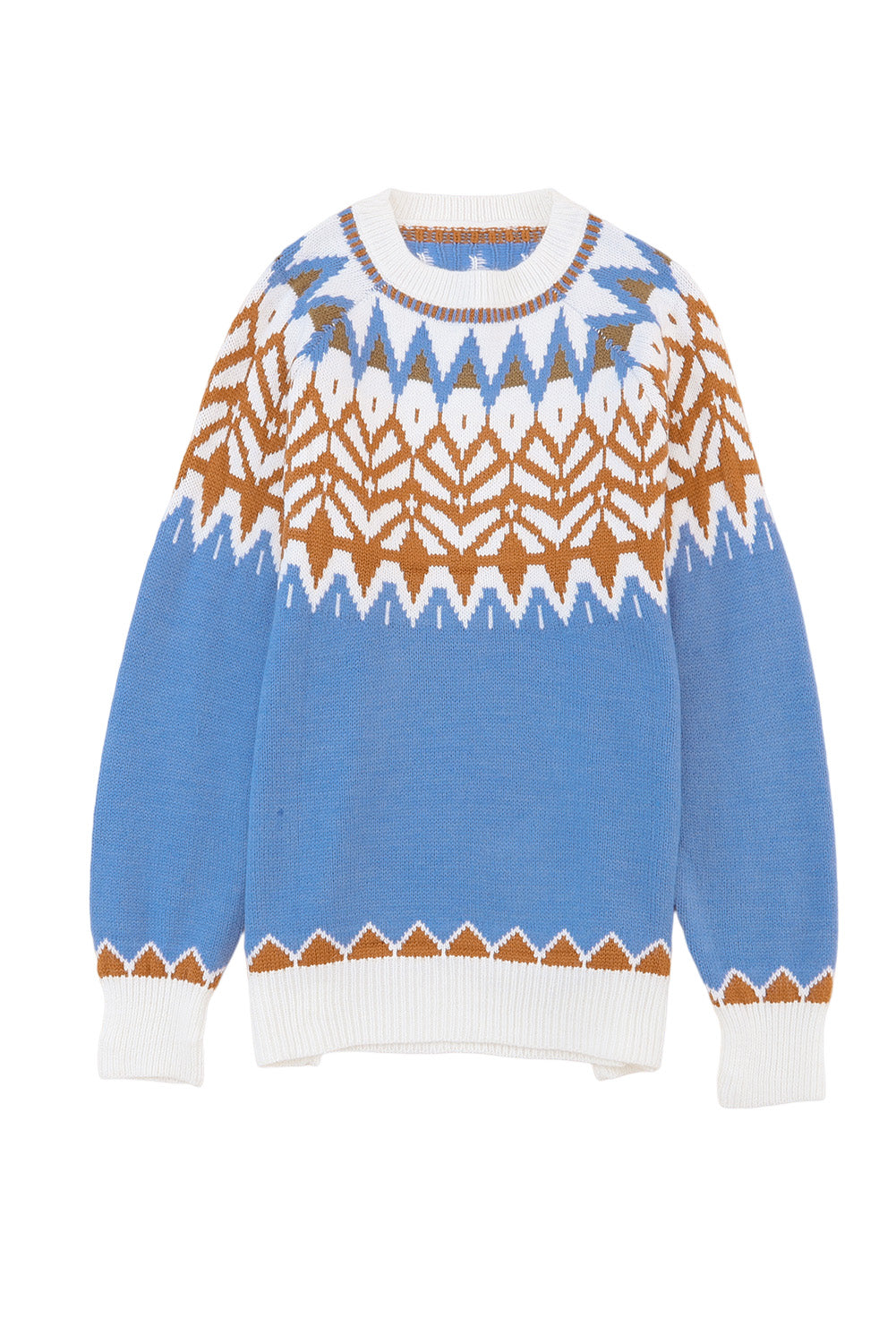 Blue Geometric Print Ribbed Trim Sweater