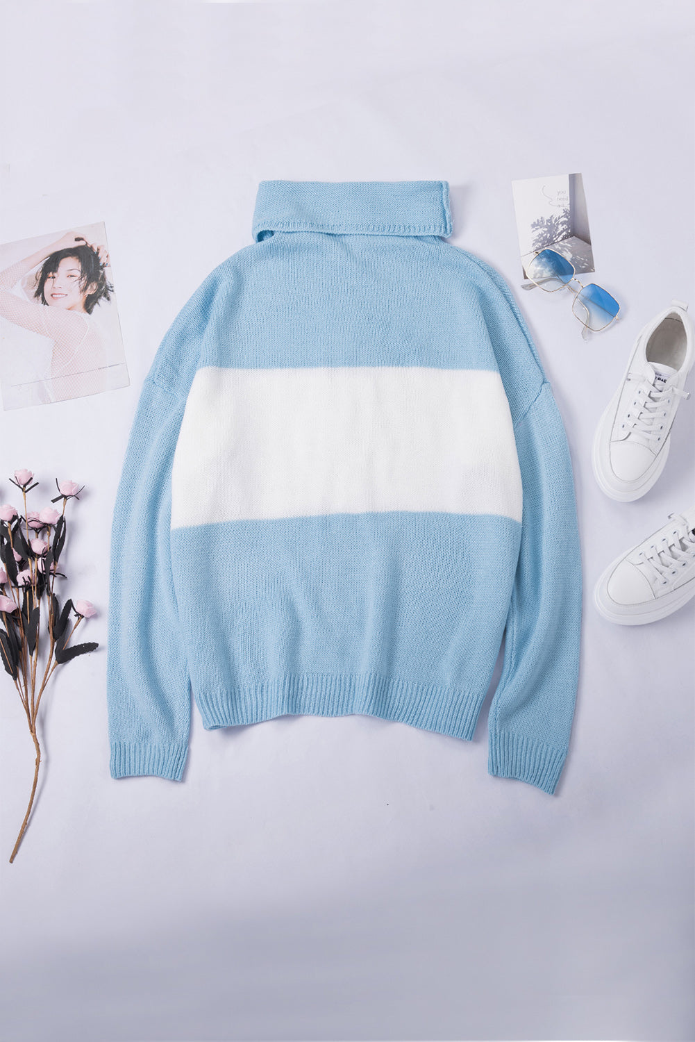 Blue Colorblock Turtleneck Loose Knitted Sweater