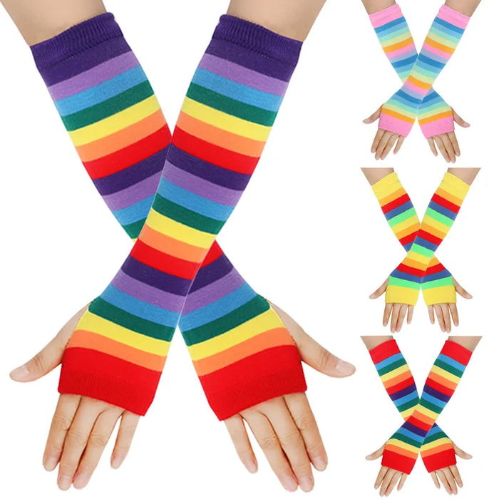 Rainbow Long Sleeve Woman Winter Arm Warmers Knit Cuffs Gloves Colorful Striped Sleeves Holiday Party Arm Cover Cosplay Gloves