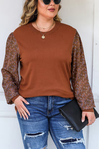 Brown Plus Size Printed Splicing Sleeve Ribbed Trim Sweater