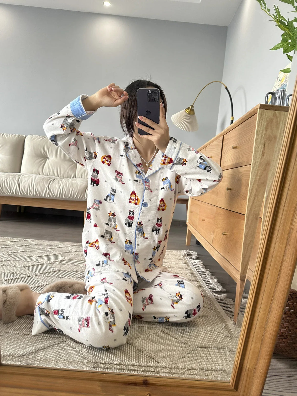 100% Cotton Pajamas for Women Loose Cartoon Long Sleeve Pants Loungewear Women 2 Piece Set Pj Women Outfit Sleepwear Set Pijamas