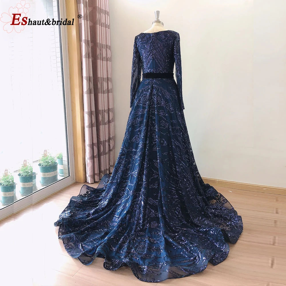 Dubai A-Line Luxury Wedding Evening Dress for Women Muslim 2024 Long Sleeves Sequin Plus Size Formal Prom Party Gown Customized