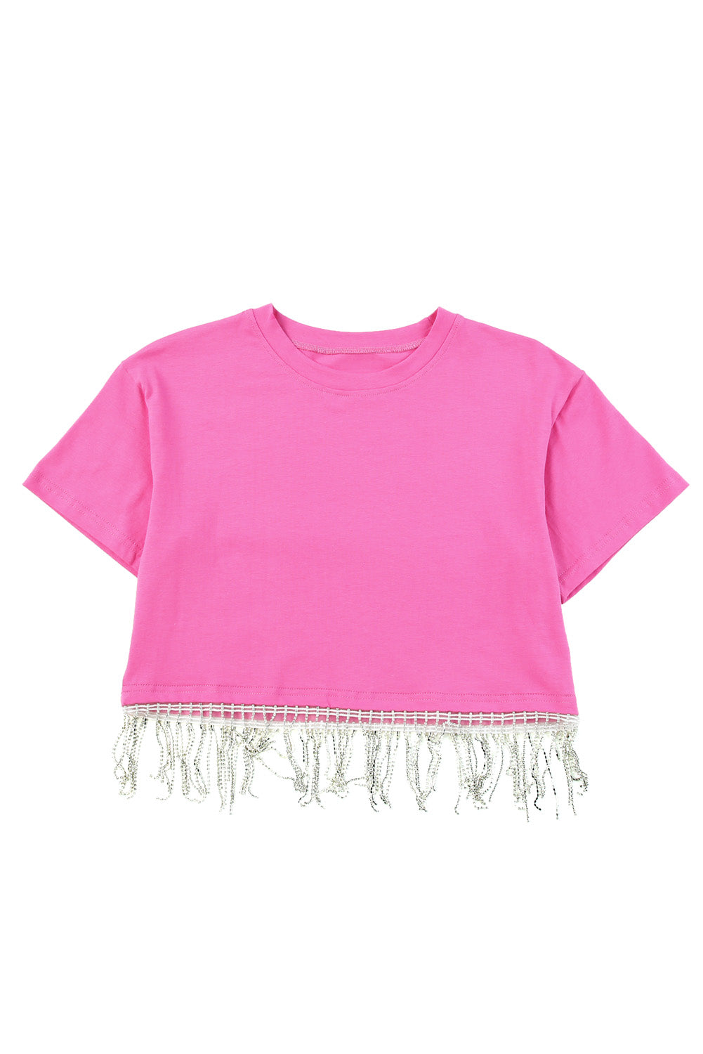 Pink Rhinestone Fringe Short Sleeve Crop Top