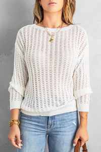 White Hollow-out Drop Shoulder Knitted Sweater