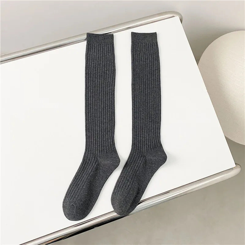 New Women's Stockings Spring Trends Casual Preppy Style Knee High Socks Female High Quality Cotton Solid Color Long Socks Comfy