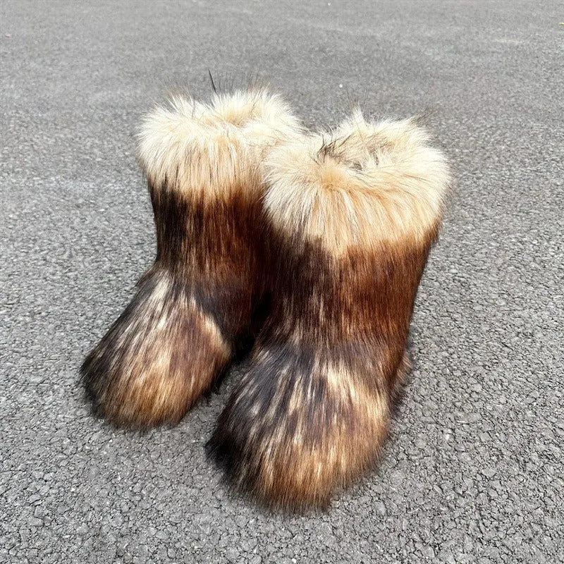 New Winter Fur Onepiece Raccoon Fur Female Snow Boots Fur Shoes Outdoor Mid Leg Boots