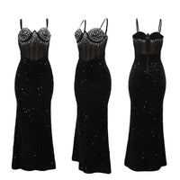 CM.YAYA Women Mesh Velvet Diamonds Sleeveless Strap Bodycon Maxi Dress Sequine Birthday Sexy Party Evening Vestidos Long Dresses